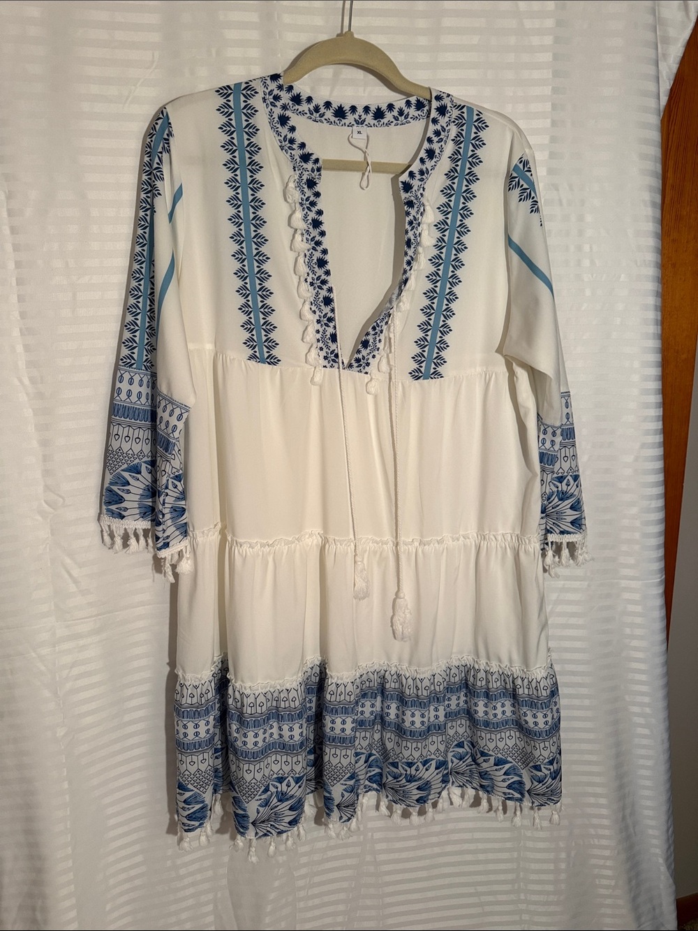 White Tunic Dress with Blue Accents and white tassels